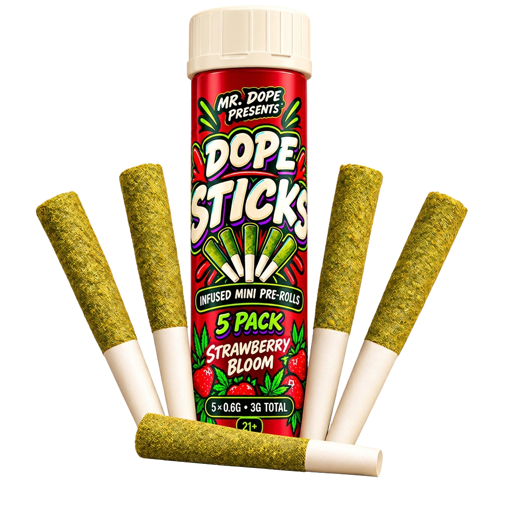 Dope Sticks Strawberry Bloom five-pack tube with five infused mini pre-rolls